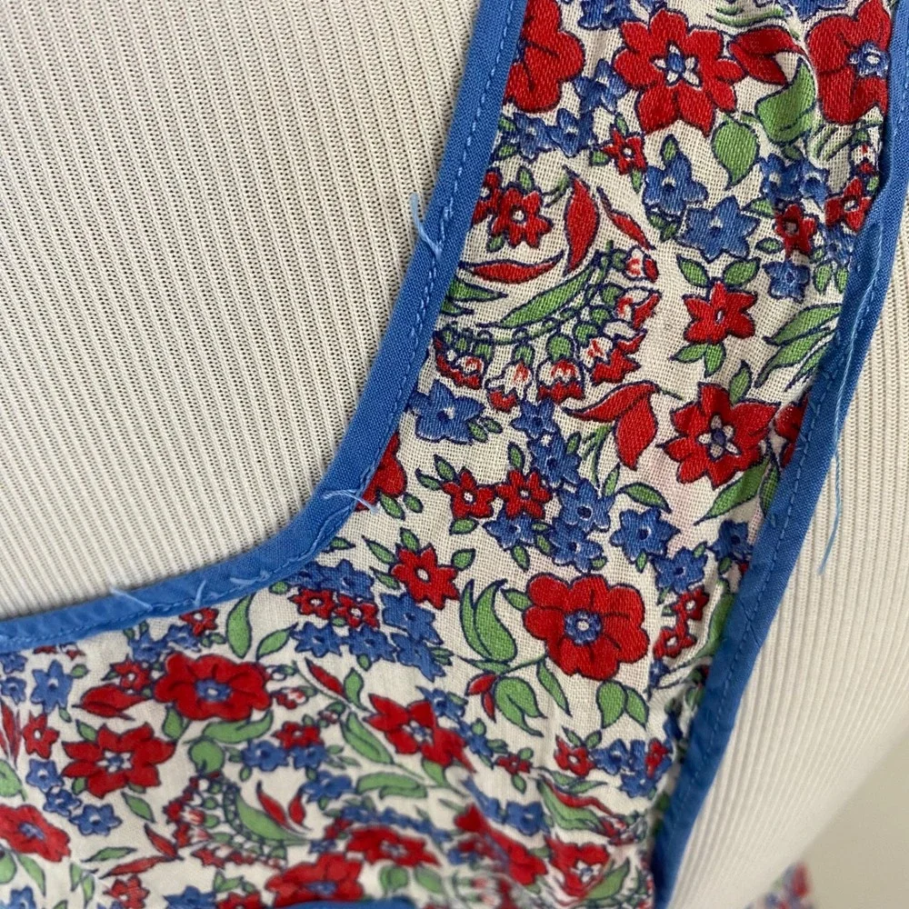 VTG Floral Pinafore Apron Red Blue Calico Open Back Tie Cottagecore Flawed*